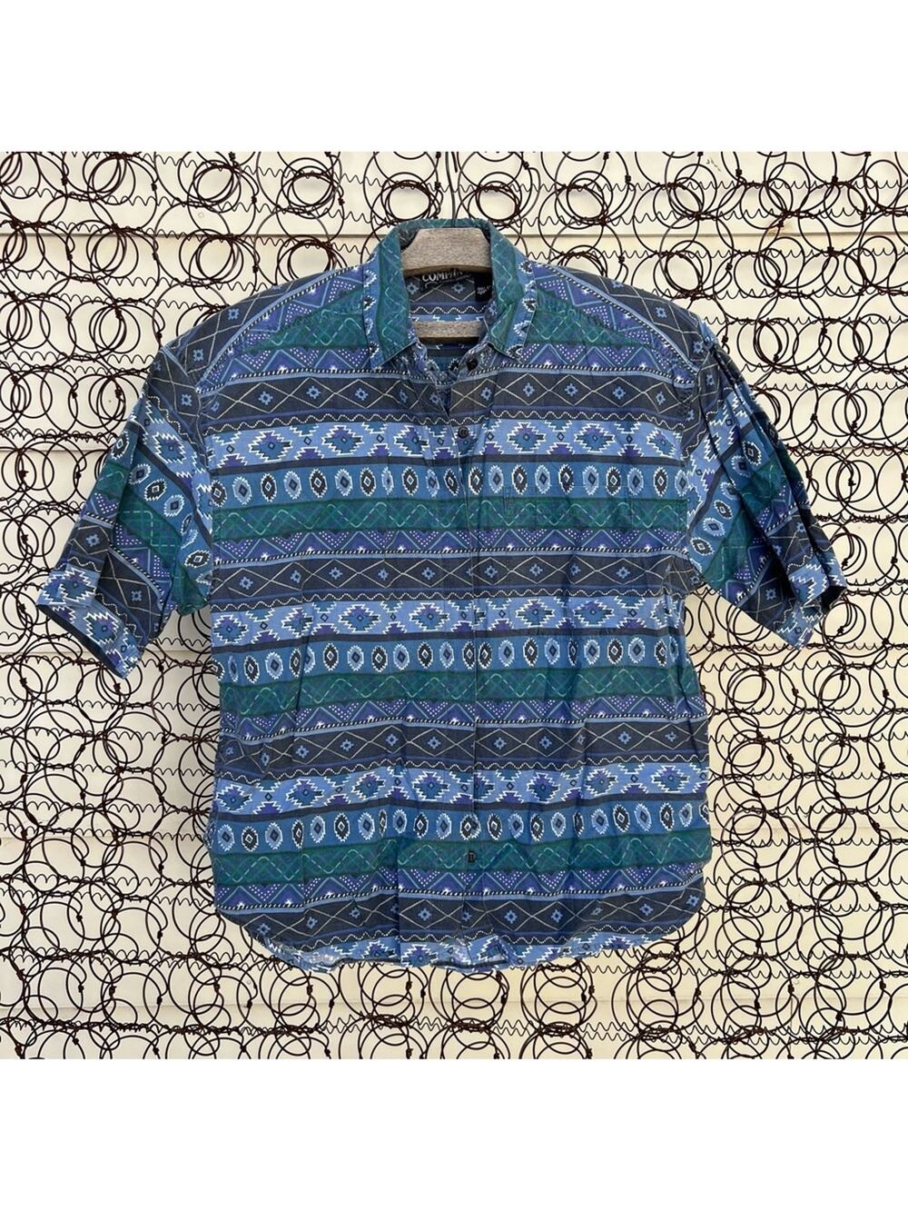 Vintage blue indigo purple Aztec Southwestern stripe short sleeve button shirt